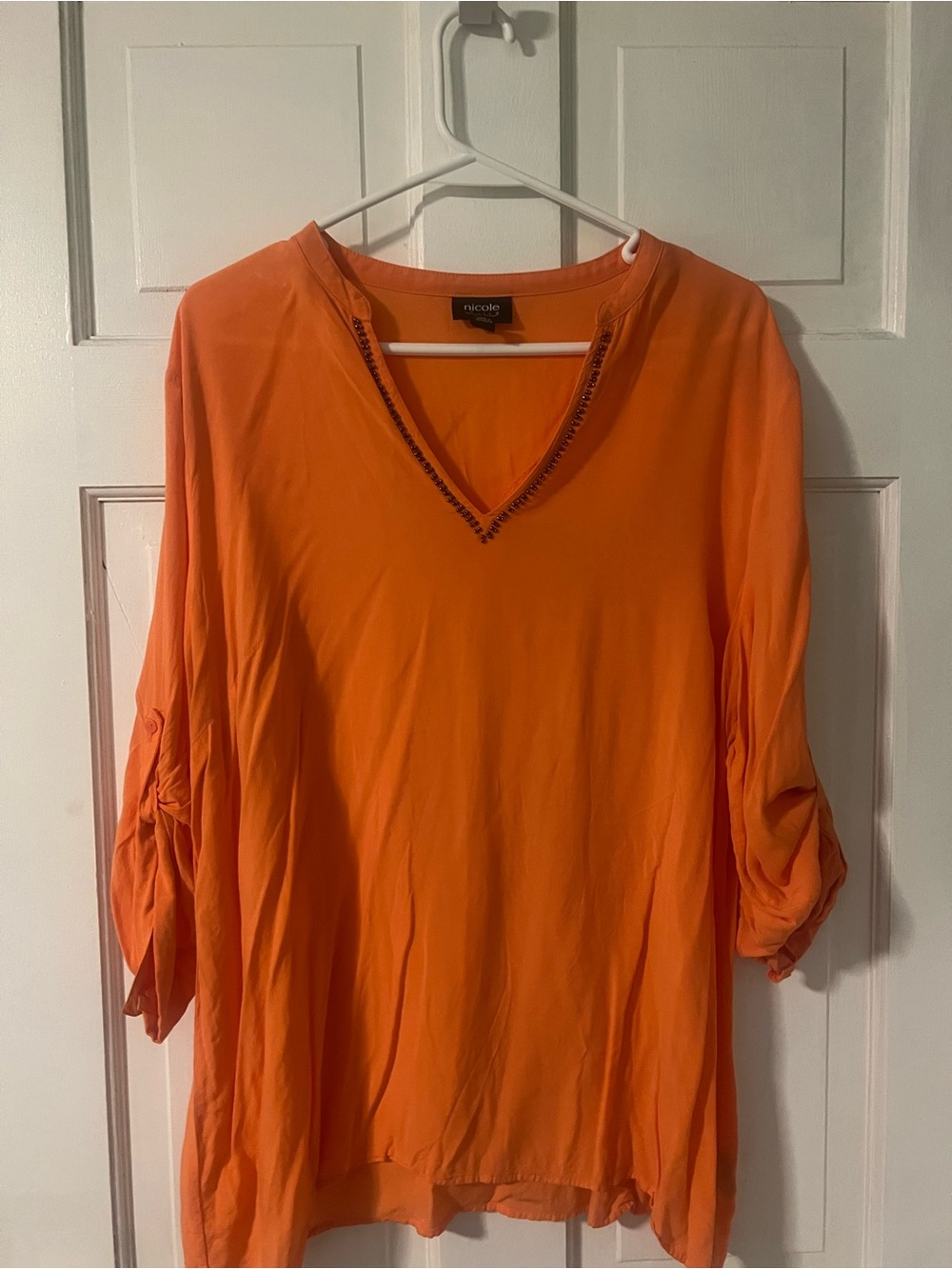 Nicole Bright Orange V-Neck Roll-Tab Tunic